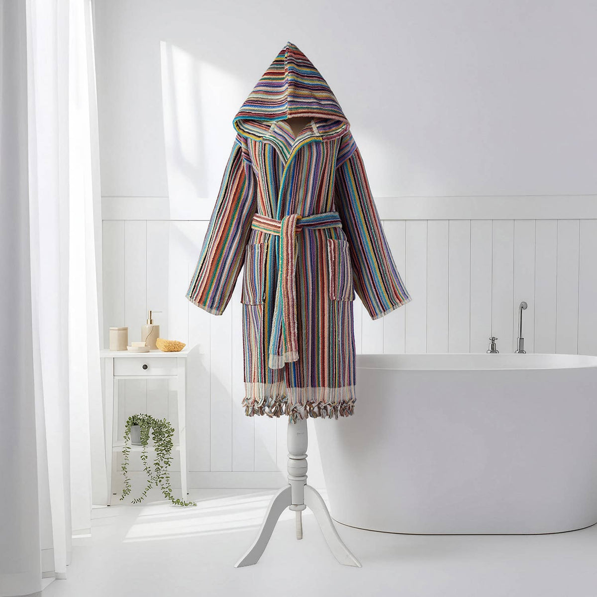 Pompom Turkish bathrobe – Rainbow Stripe, Hooded, belt and pocket detail | Kikoya