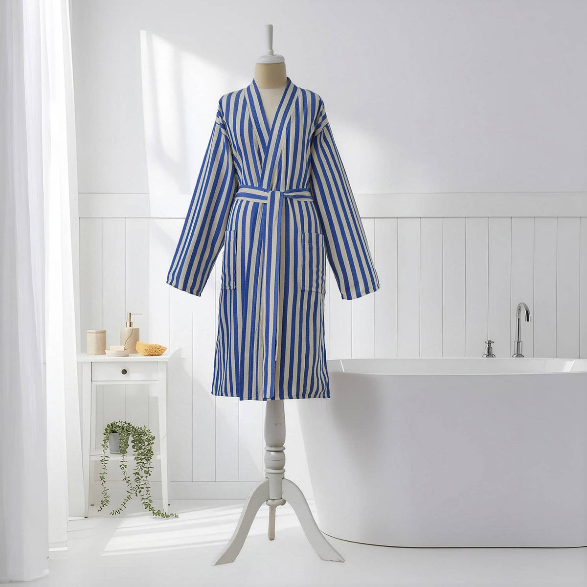 Zebra stripe Turkish cotton bathrobe styled in a bright bathroom | Kikoya