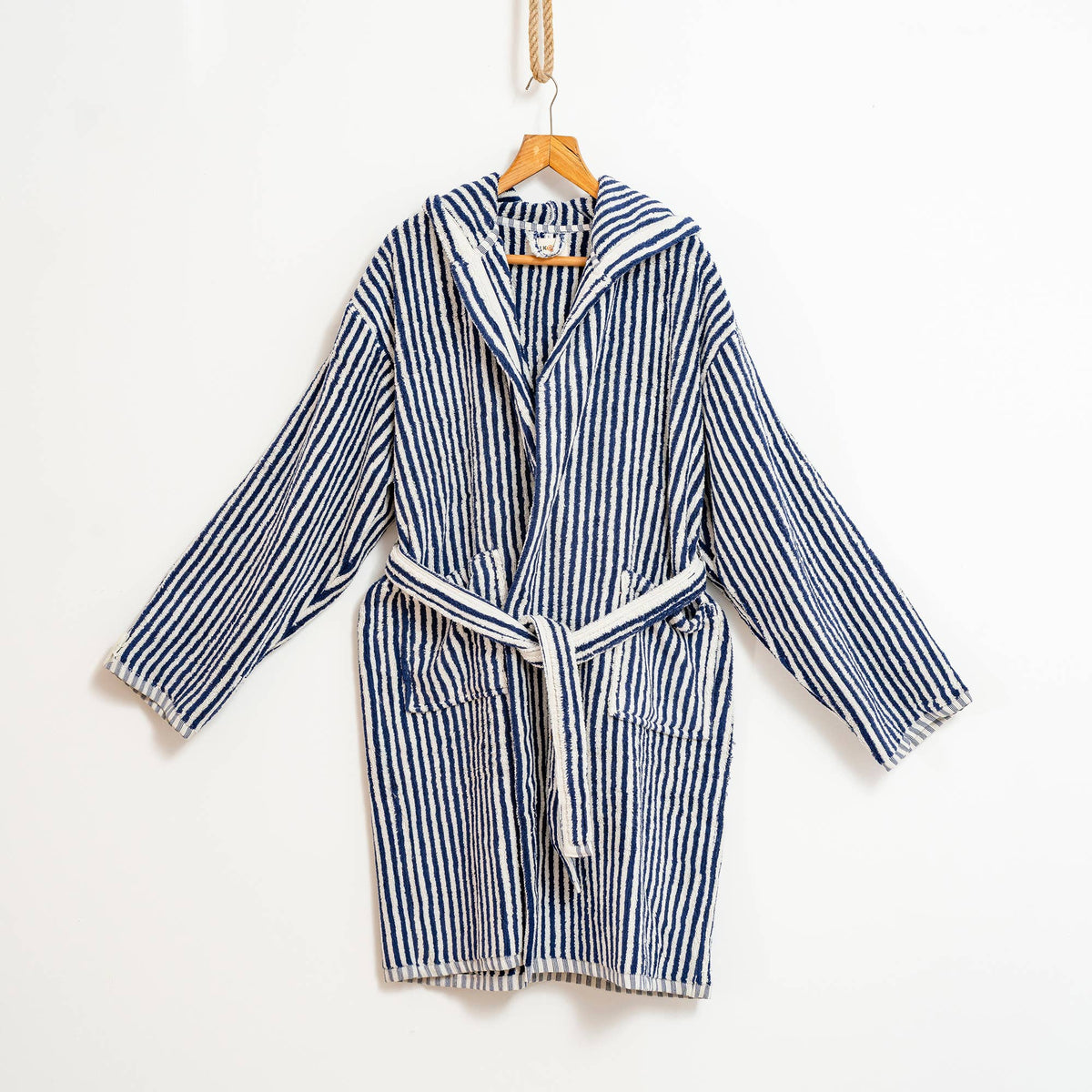 Pompom Turkish bathrobe – Navy & White Stripe, Hooded, folded view | Kikoya