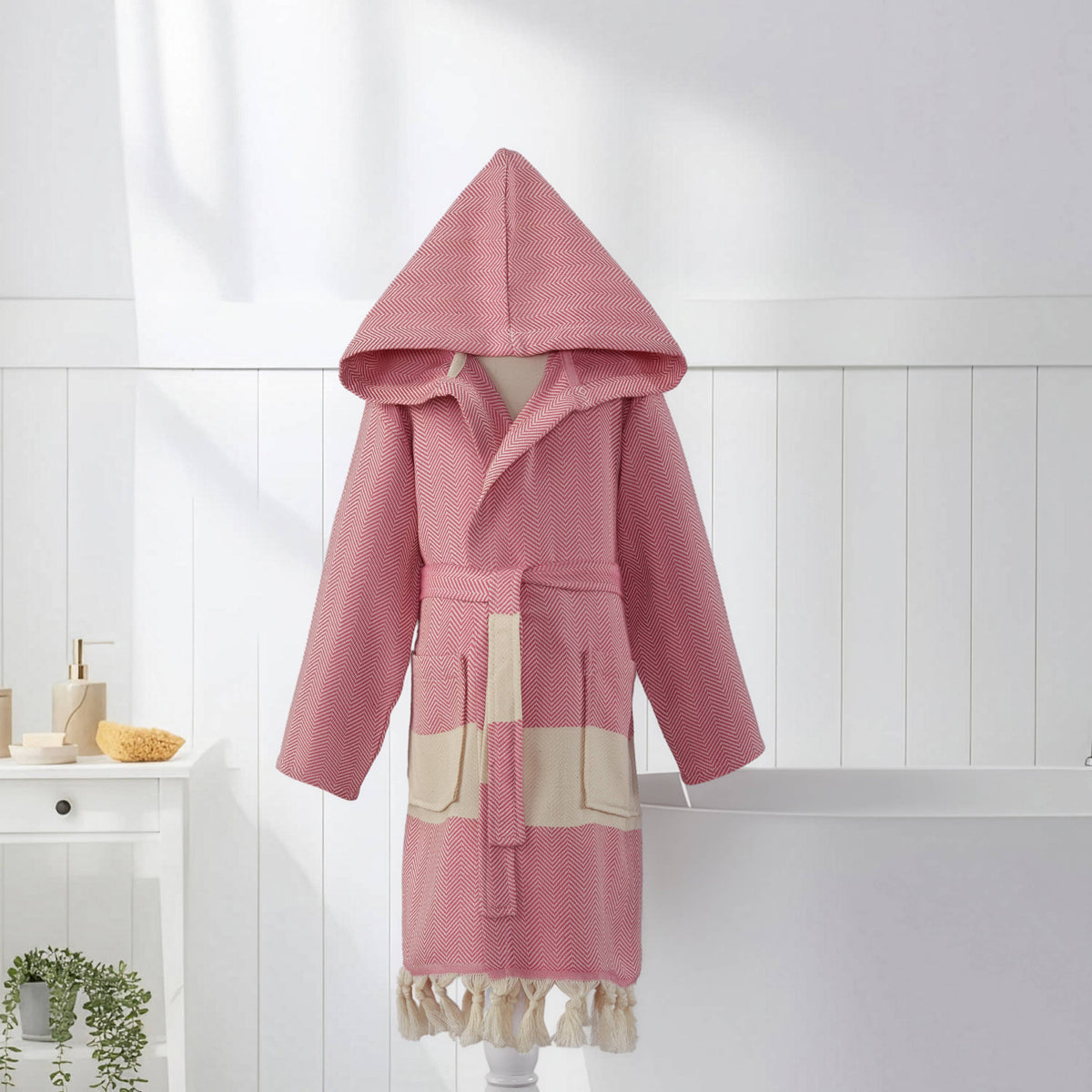 Herringbone kids Turkish cotton bathrobe – hooded, fringed hem | Kikoya