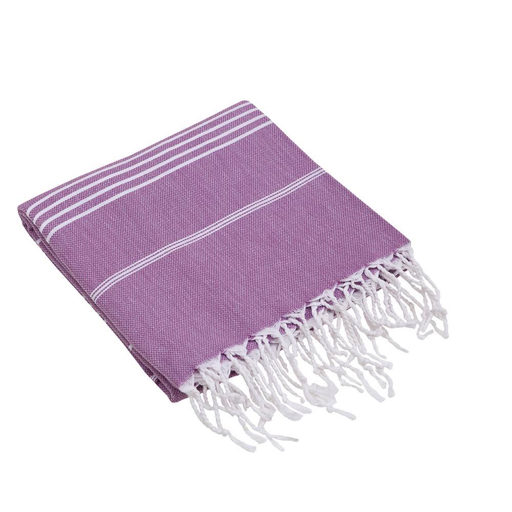 Sultan Turkish beach towel – Violet, folded with knotted fringe | Kikoya