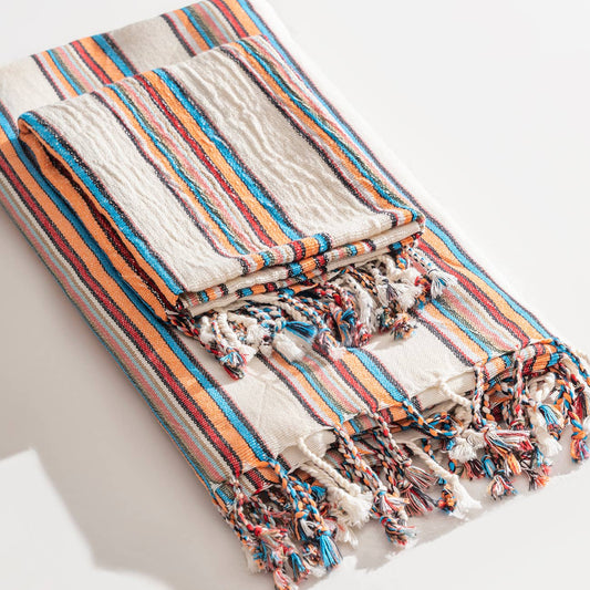 Multi stripe Turkish peshtemal towel with twisted tassels, bath and hand sizes | Kikoya