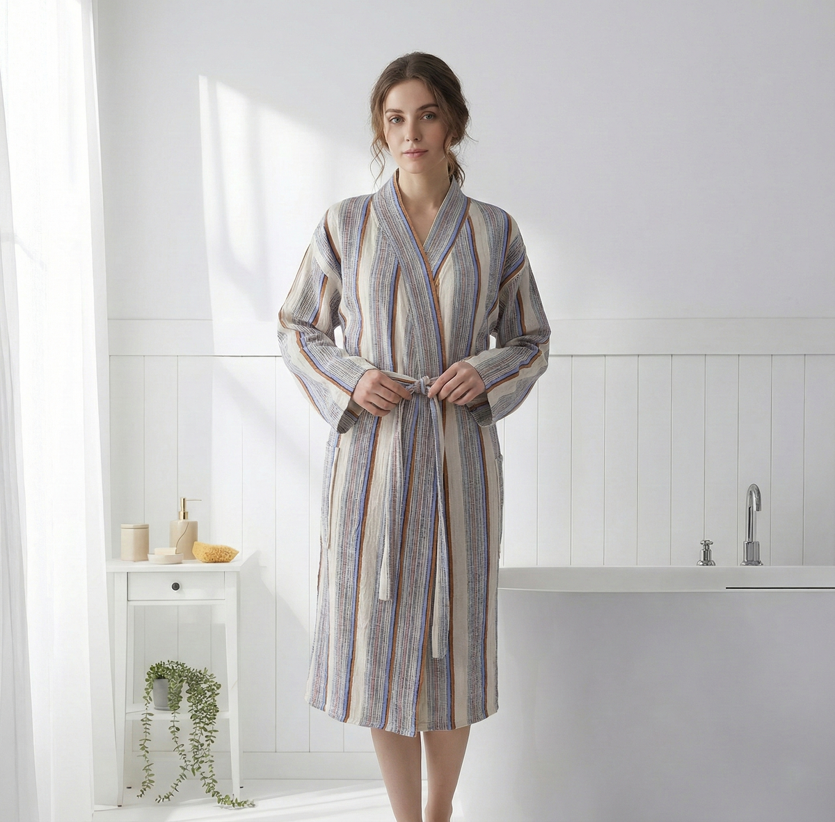 Fine stripe Turkish cotton bathrobe in grey & mauve – hooded | Kikoya