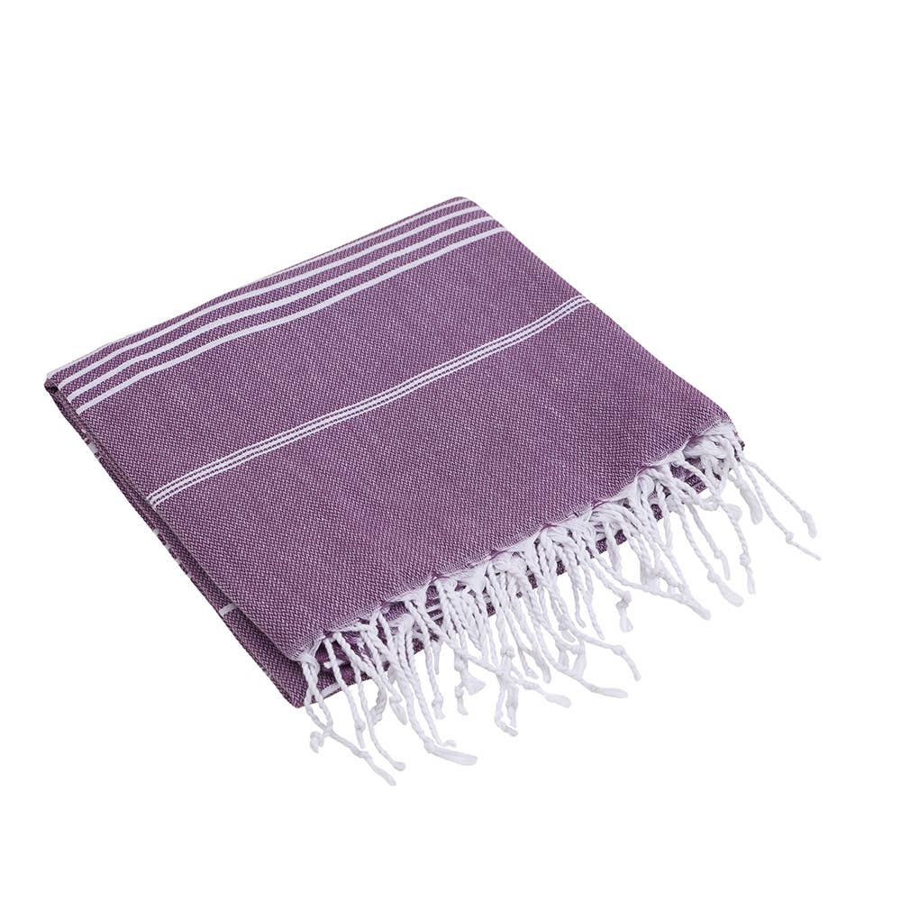 Sultan Turkish beach towel – Purple, folded with knotted fringe | Kikoya