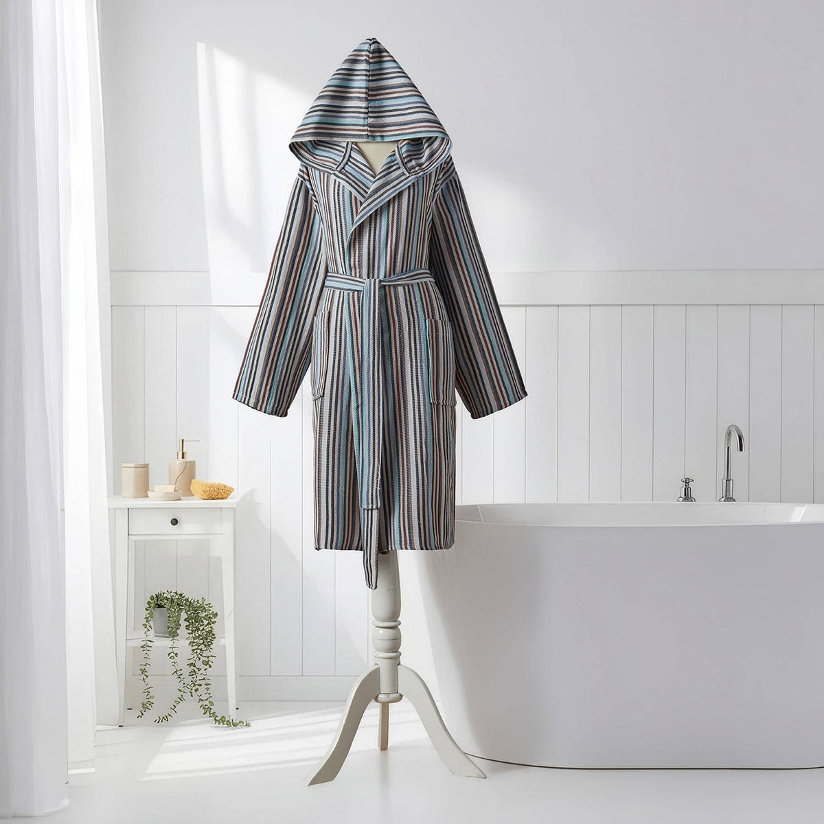 Antique Turkish hooded bathrobe – Slate & Teal Stripe | Kikoya
