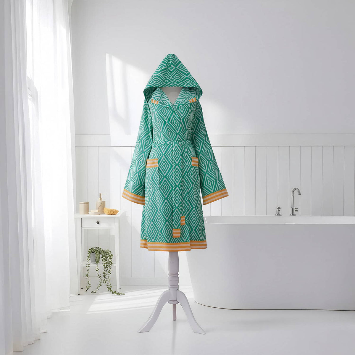Diamond jacquard Turkish bathrobe – hooded, mustard trim | Kikoya