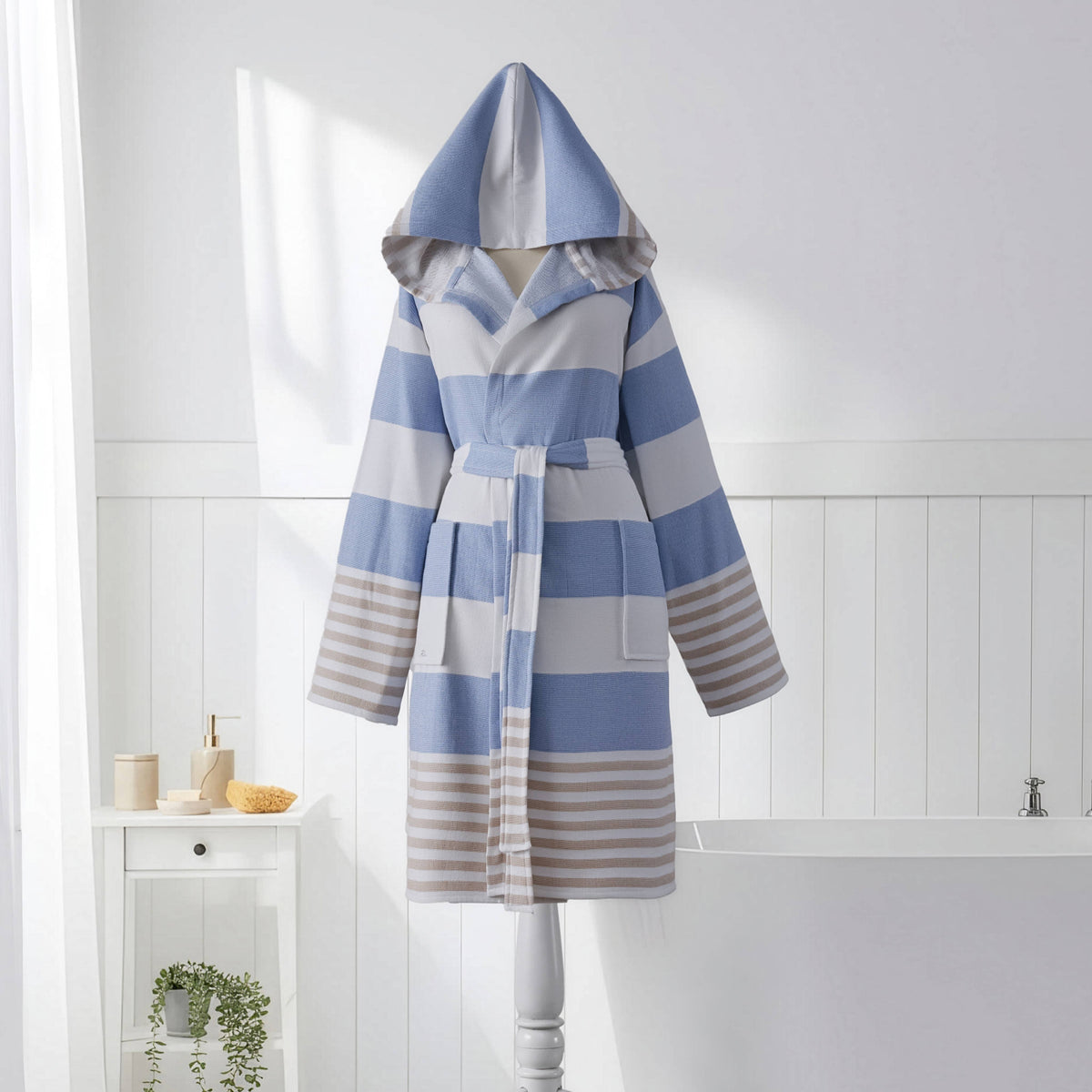 Mediterranean terry-backed Turkish bathrobe – block stripe | Kikoya