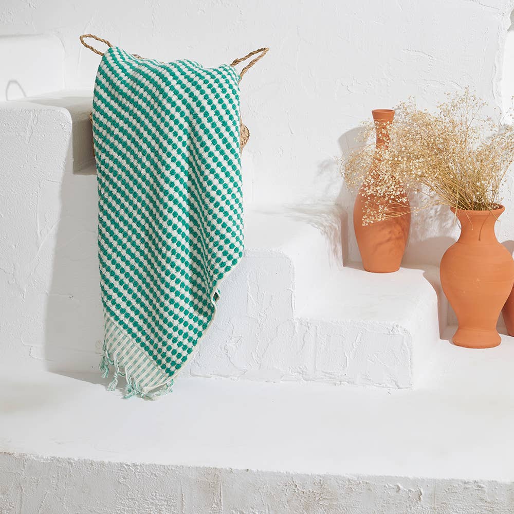 Pompom handloomed Turkish bath towel, 35x68 in, bubble weave with pompom fringe | Kikoya