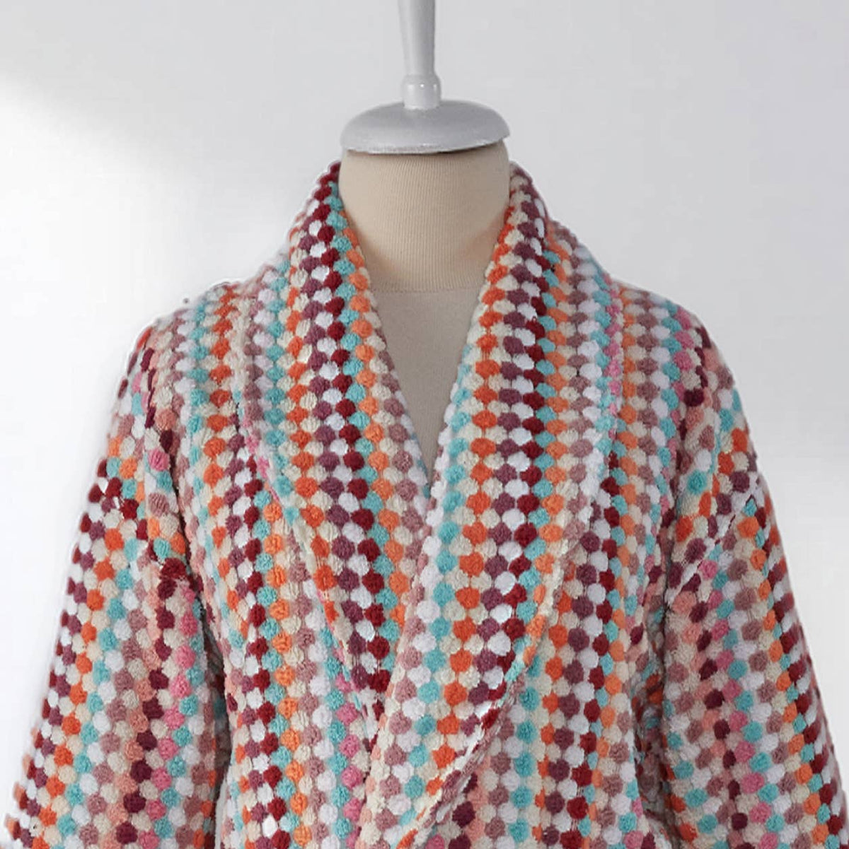Pompom Turkish bathrobe – Pink & Red Stripe, Shawl Collar, styled view | Kikoya