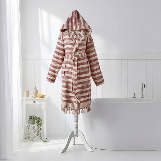 Pompom Turkish bathrobe – Lokum Rose, Hooded, front view | Kikoya