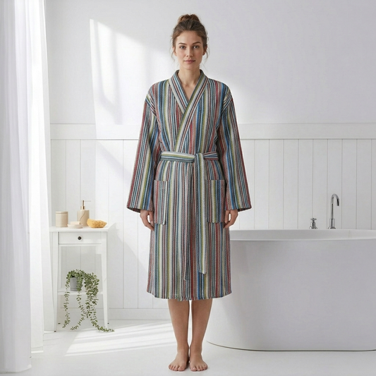 Antique Turkish kimono bathrobe – Grey Multi Stripe | Kikoya