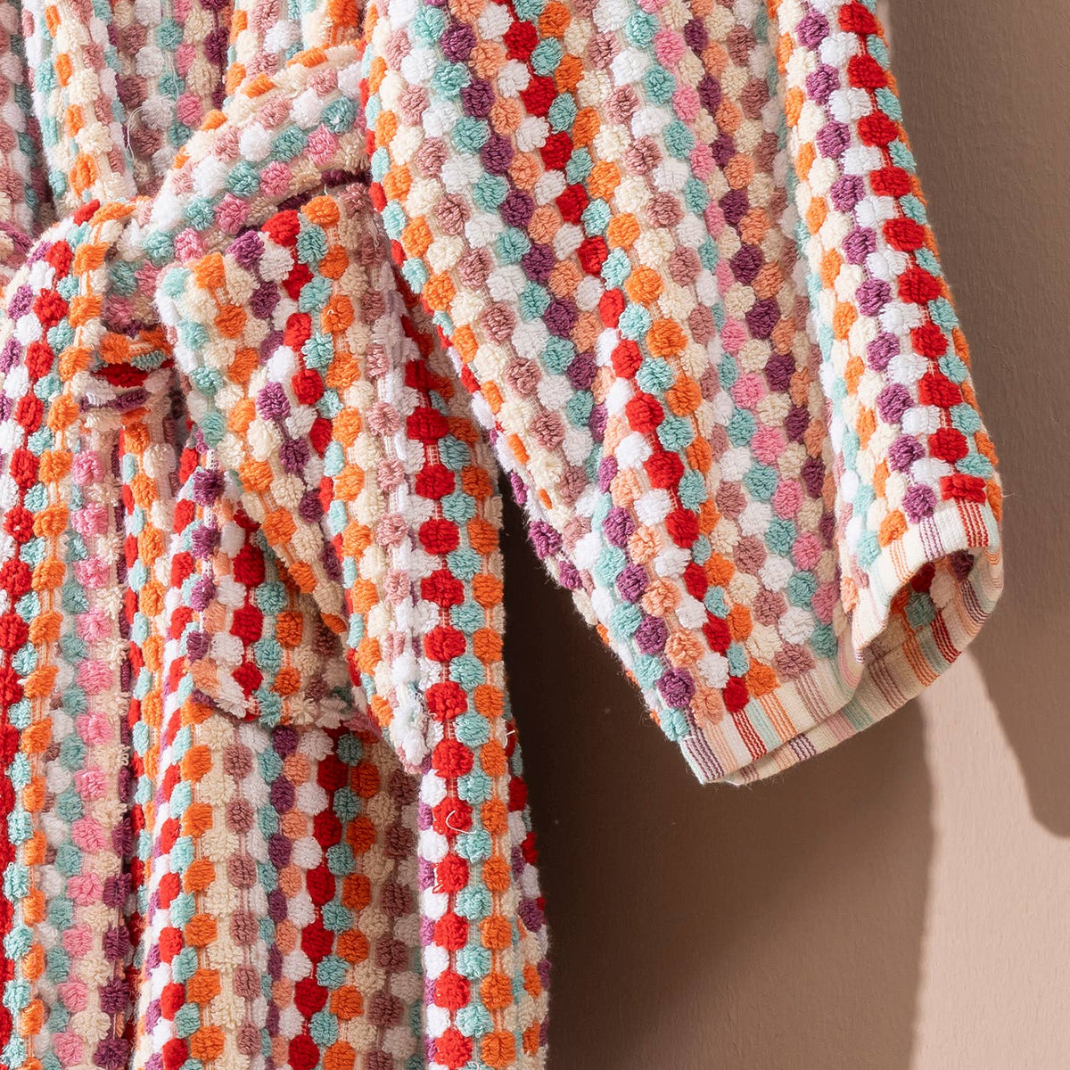 Pompom Turkish bathrobe – Pink Multi, Hooded, back view | Kikoya