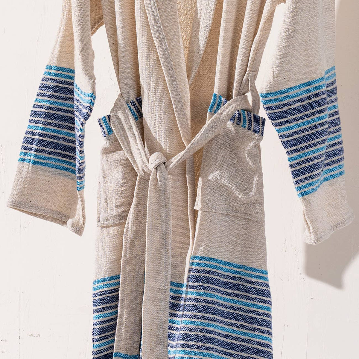 Linen-cotton Turkish bathrobe with blue stripe bands – kimono | Kikoya