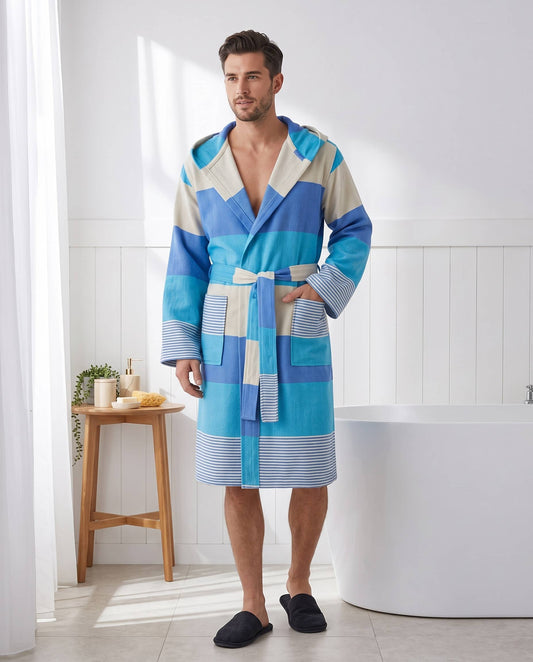 Havana flat-woven Turkish hooded bathrobe – Turquoise & Blue, styled view | Kikoya