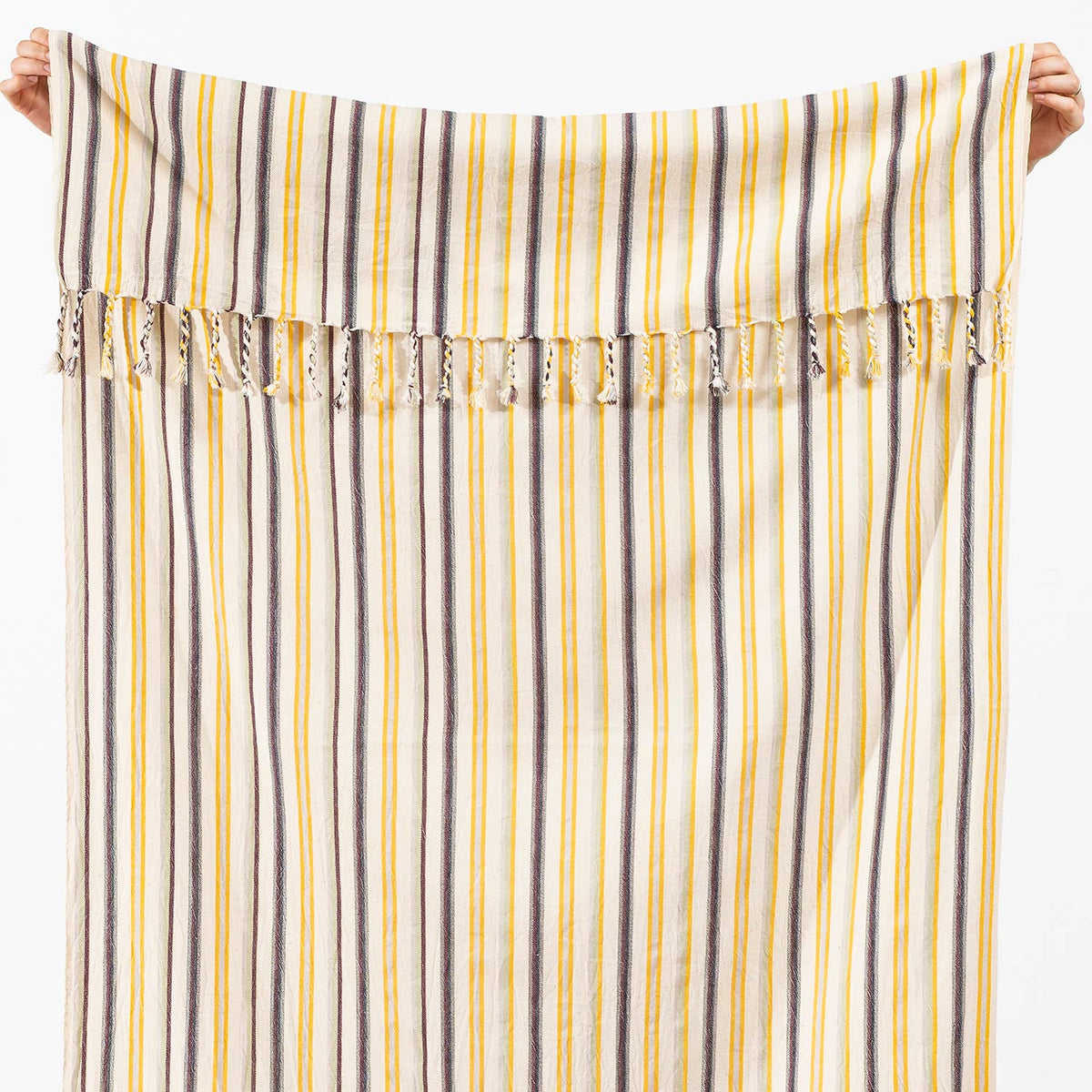 Lemon & Plum Stripe Turkish towel, woven texture close-up | Kikoya