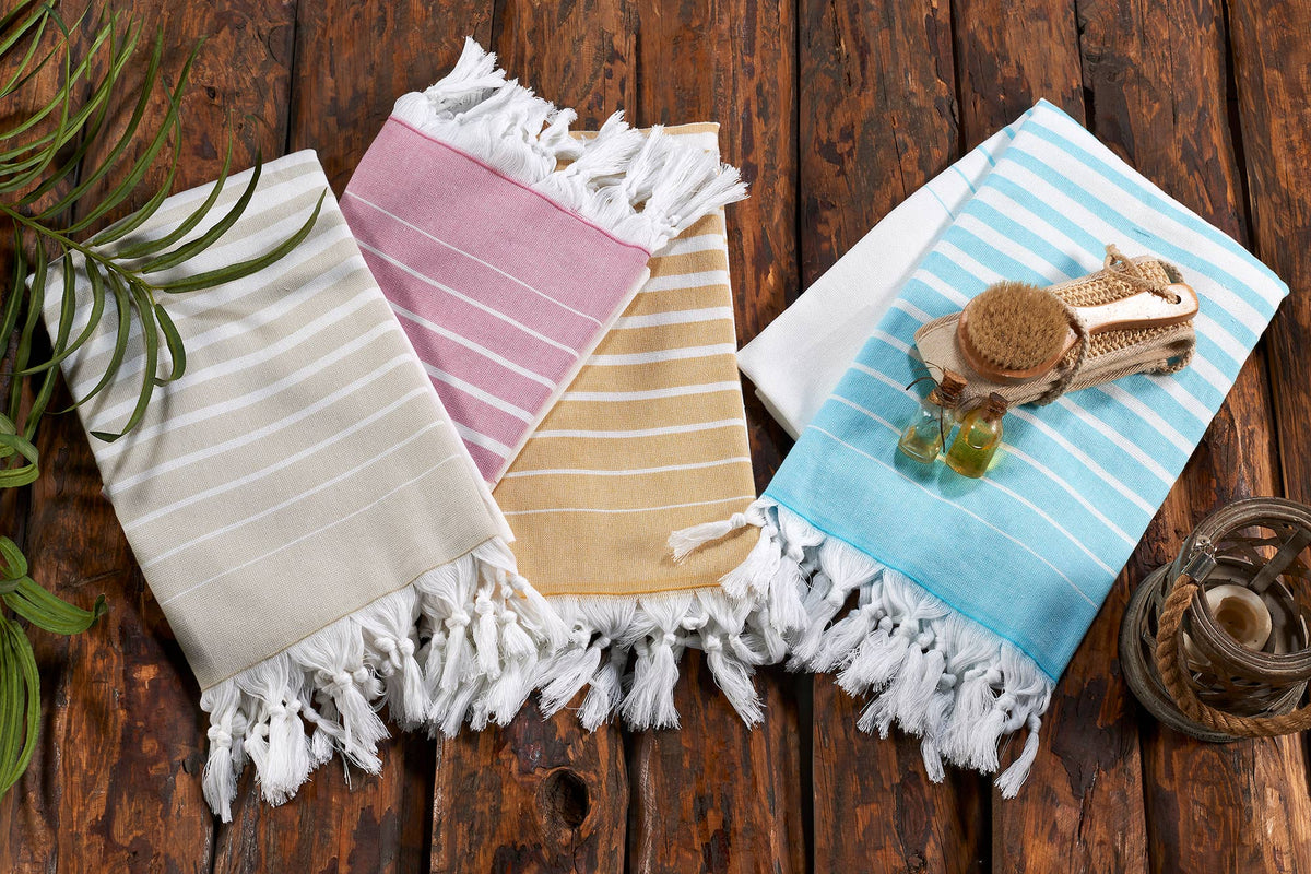 Paradiso terry-backed Turkish towel in two-tone stripe with tassel fringe, 35x70 in | Kikoya