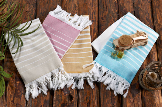 Paradiso terry-backed Turkish towel in two-tone stripe with tassel fringe, 35x70 in | Kikoya