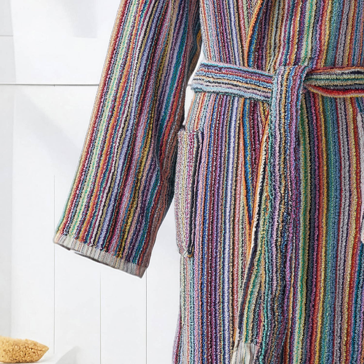 Pompom Turkish bathrobe – Multicolor Stripe, Hooded, back view | Kikoya
