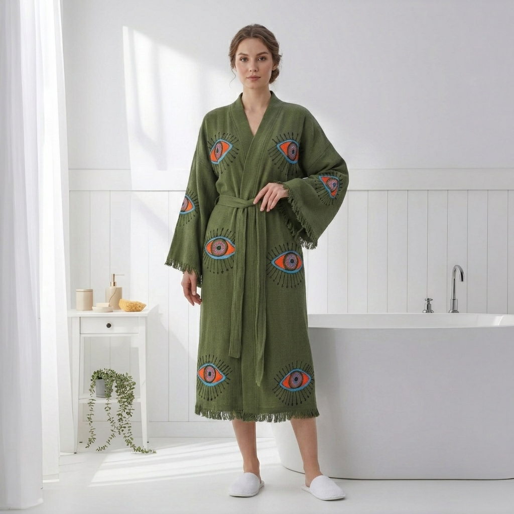 Block-print Turkish cotton kimono robe – Evil Eye Olive Green | Kikoya