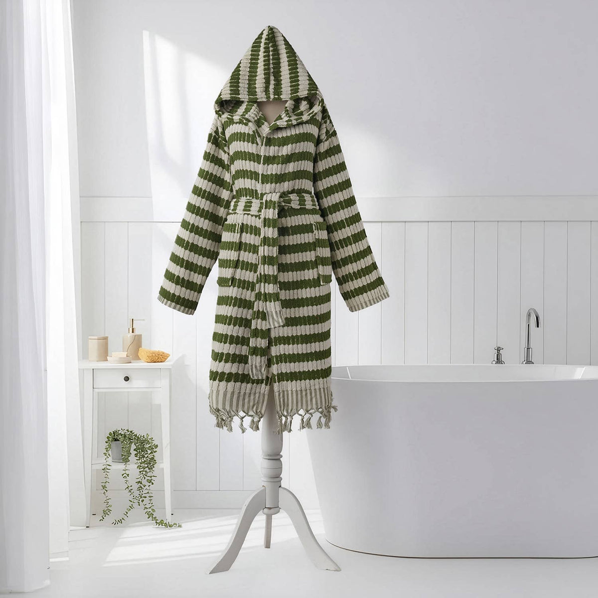 Pompom Turkish bathrobe – Lokum Khaki, Hooded, styled view | Kikoya