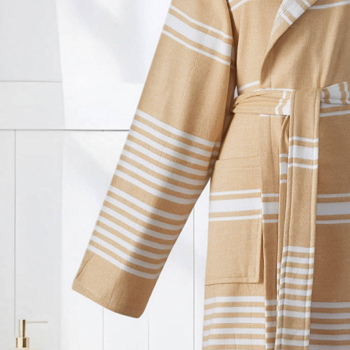 Wide stripe terry-backed Turkish bathrobe – hooded | Kikoya