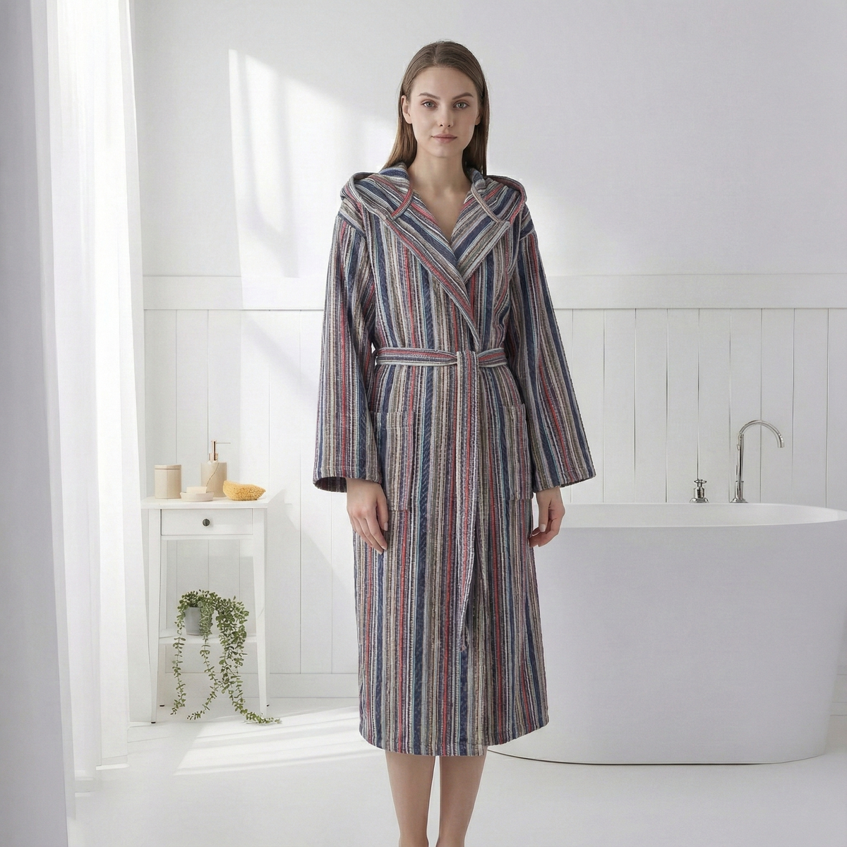 Fine stripe Turkish cotton bathrobe in berry & grey – hooded | Kikoya