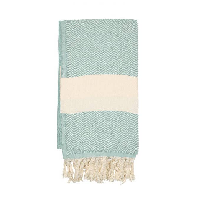 Herringbone Turkish towel – Mint, folded with fringe | Kikoya