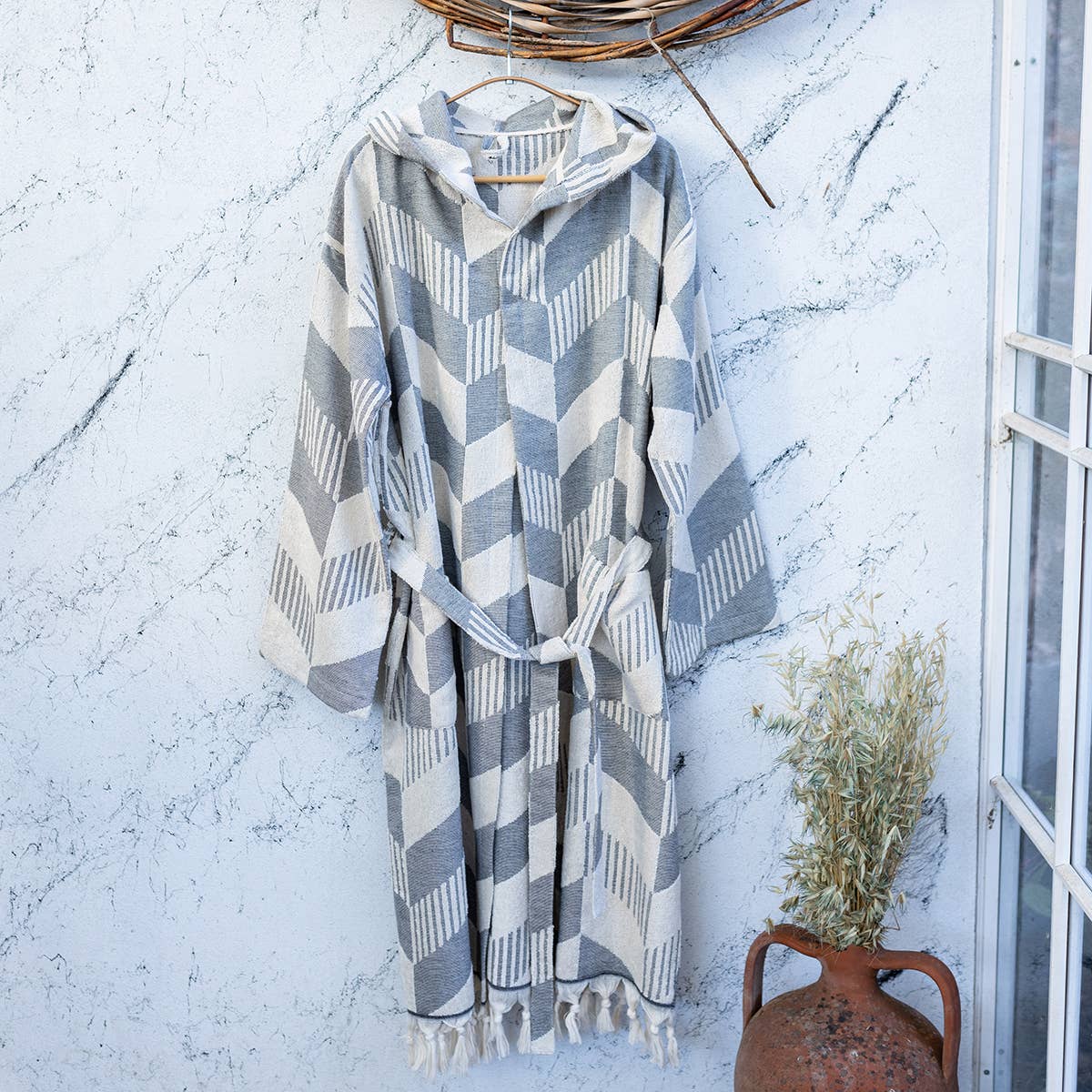 Herringbone raised terry Turkish bathrobe, hooded | Kikoya