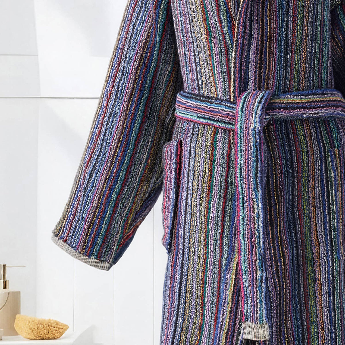 Pompom Turkish bathrobe – Purple Multi Stripe, Hooded, texture detail | Kikoya