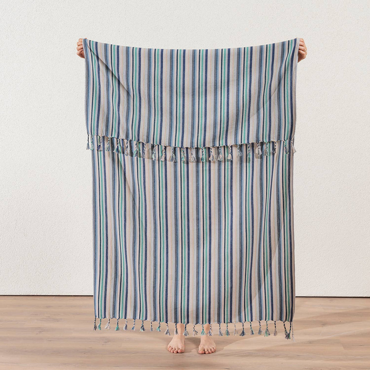 Premium Rustic Turkish beach towel – Seafoam & Blue Stripe | Kikoya