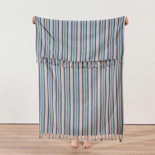 Premium Rustic Turkish beach towel – Seafoam & Blue Stripe | Kikoya