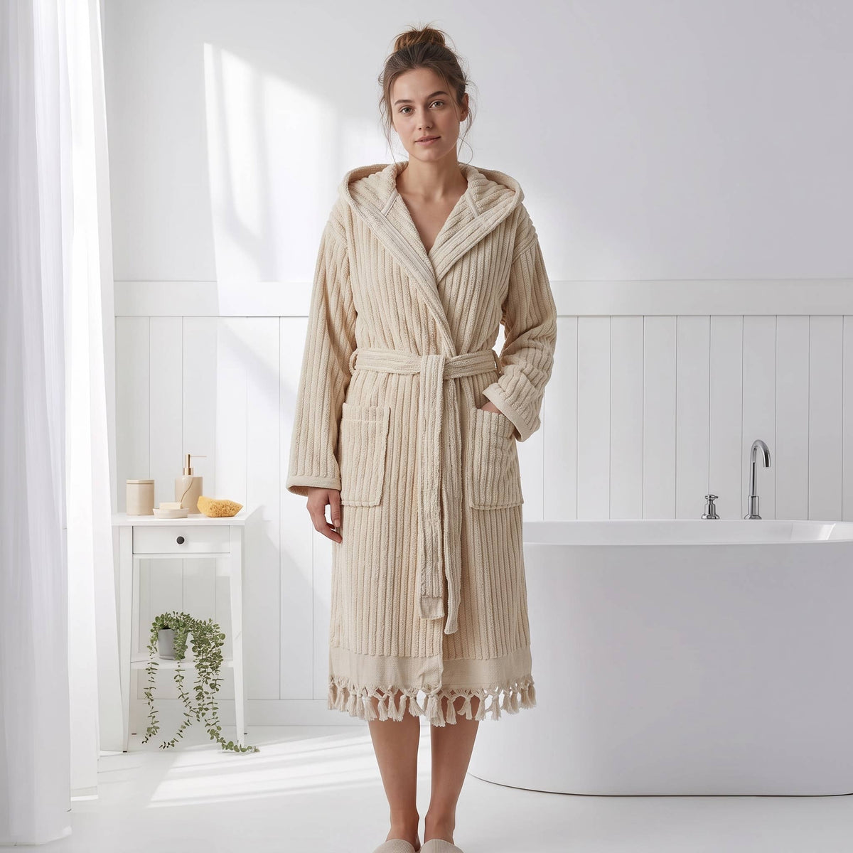 Pompom Turkish bathrobe – Natural Stripe, Hooded, front view | Kikoya