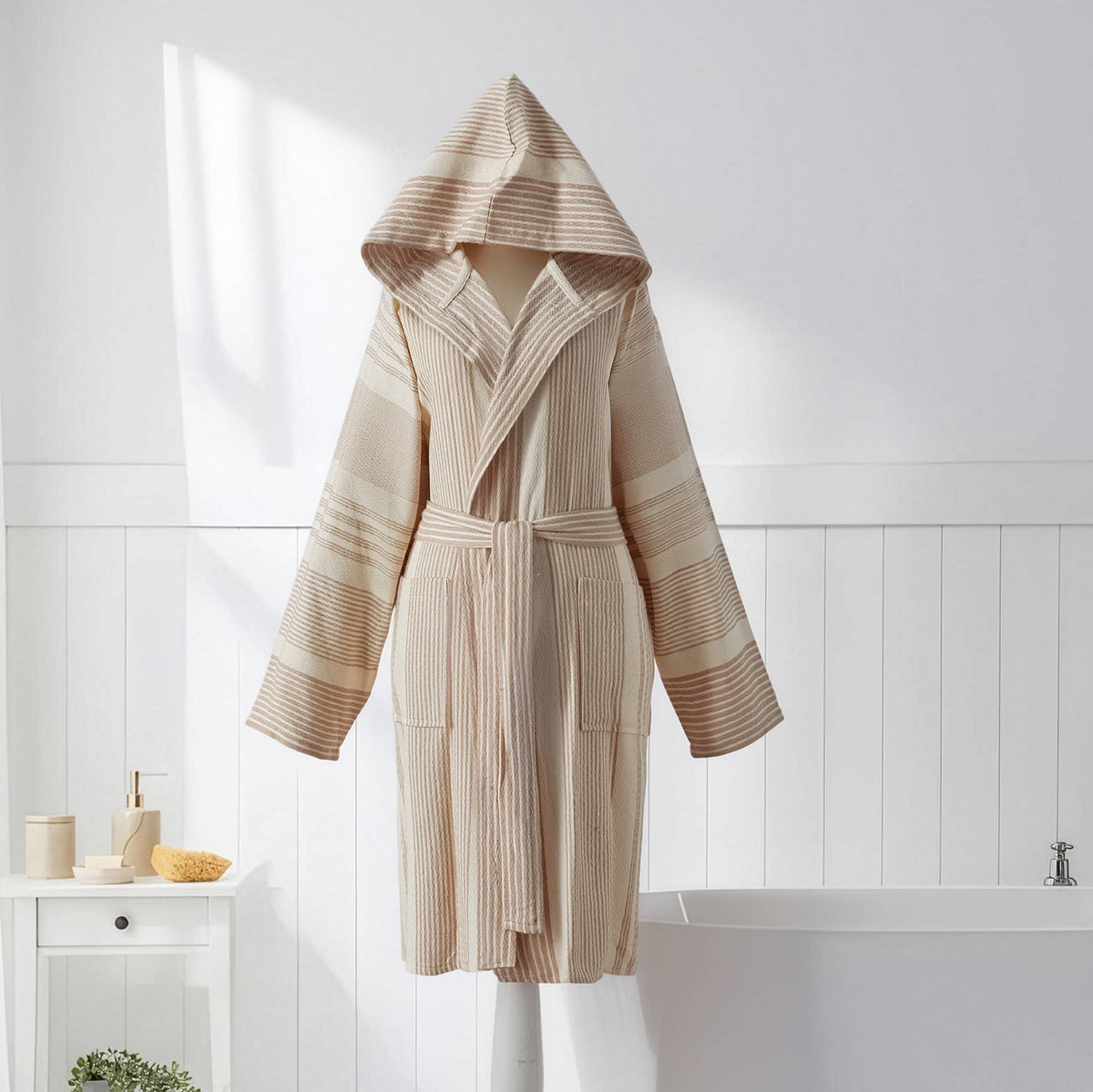 Ribbed Turkish cotton bathrobe – hooded, contrast bands | Kikoya