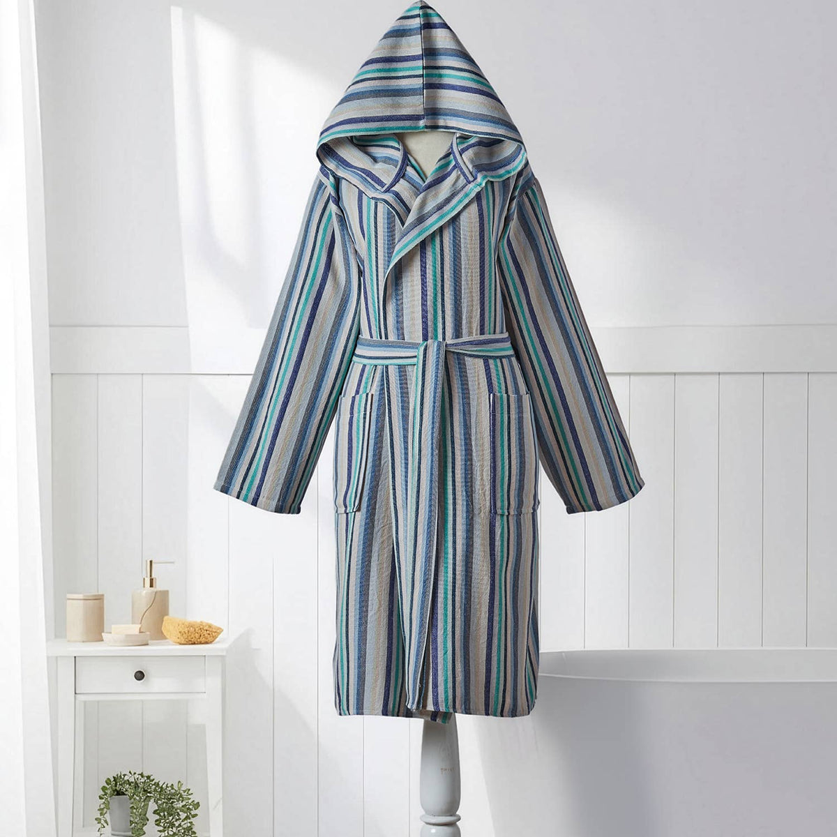 Antique Turkish hooded bathrobe – Teal & Blue Stripe | Kikoya