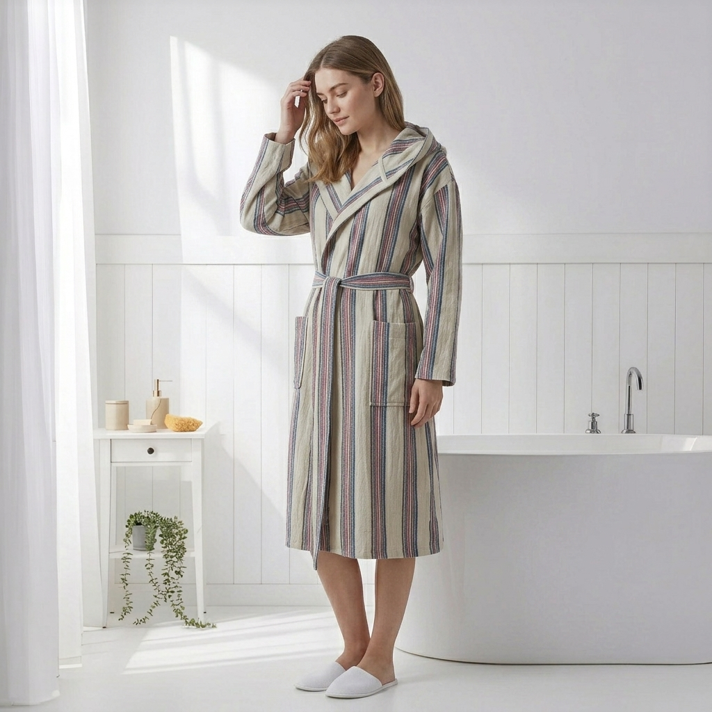 Antique Turkish hooded bathrobe – Taupe Stripe | Kikoya