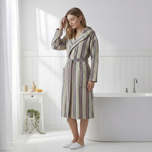 Antique Turkish hooded bathrobe – Taupe Stripe | Kikoya
