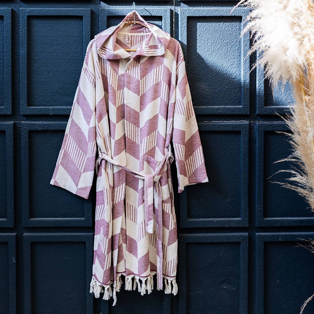 Herringbone raised terry Turkish bathrobe, hooded | Kikoya