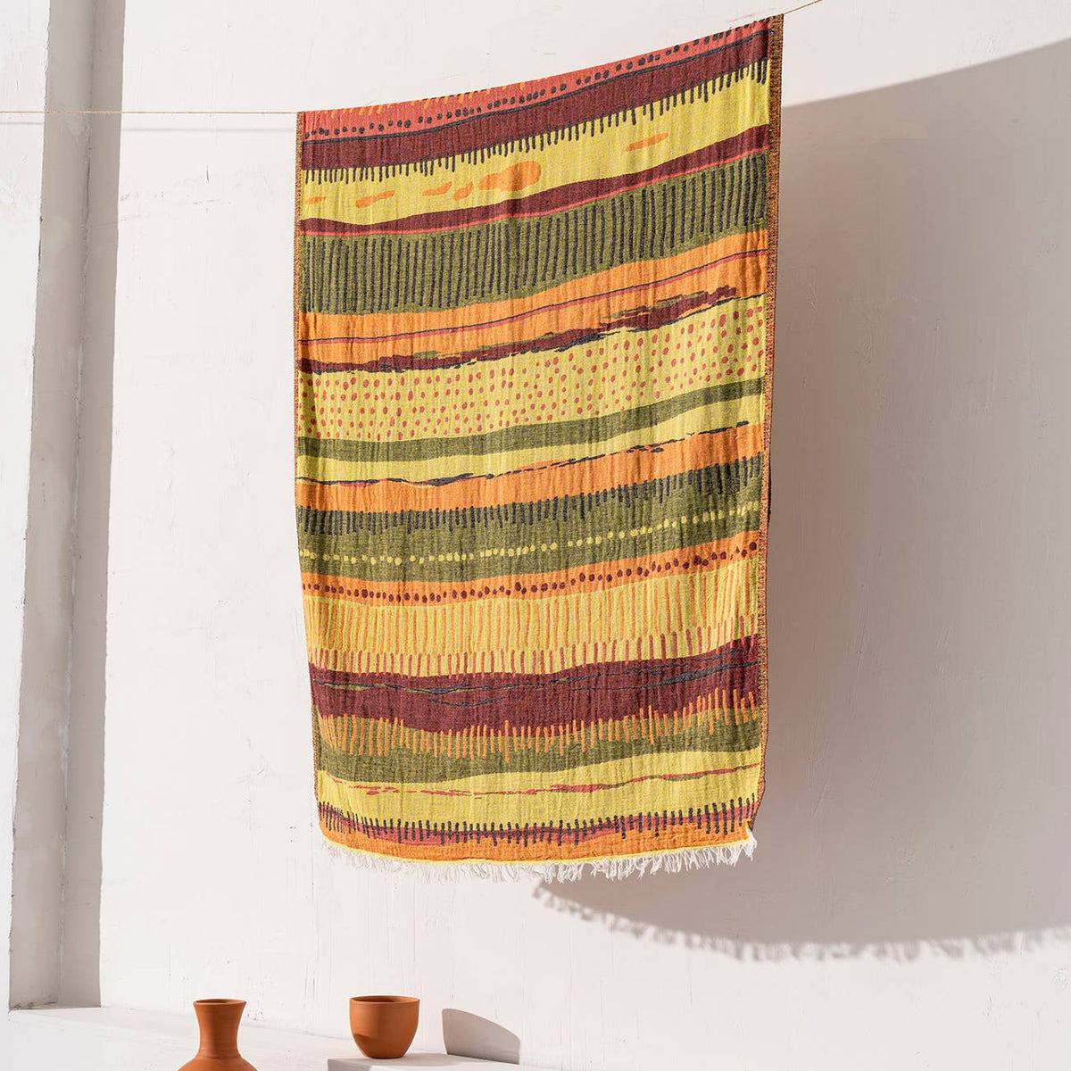 Ethnic jacquard Turkish beach towel in yellow and green, flat-woven | Kikoya