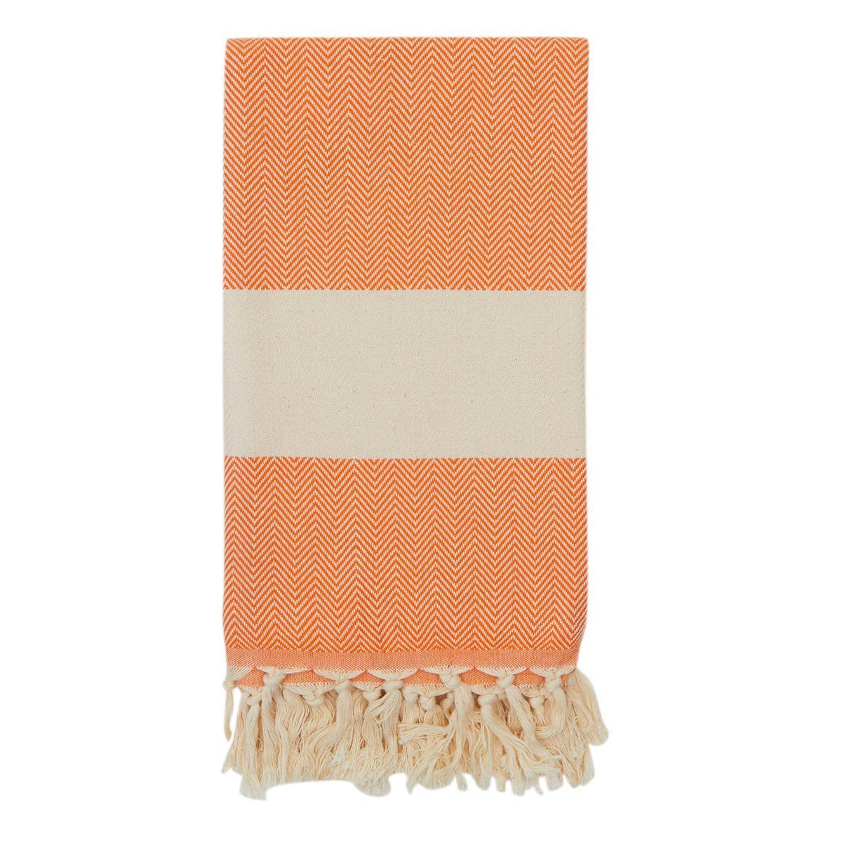 Herringbone Turkish towel – Orange, folded with fringe | Kikoya