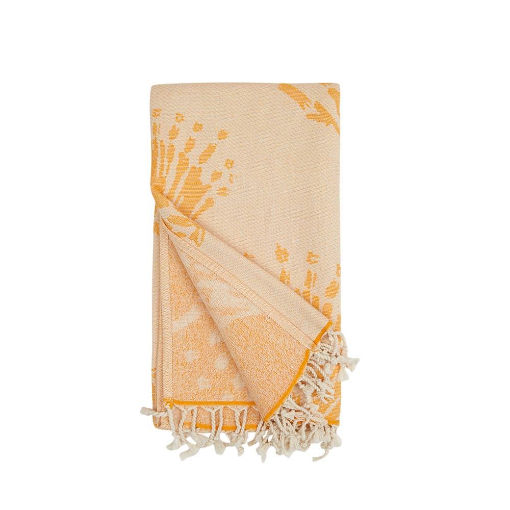 Pearls Turkish towel with coral-sprig jacquard and terry back, 35x70 in | Kikoya