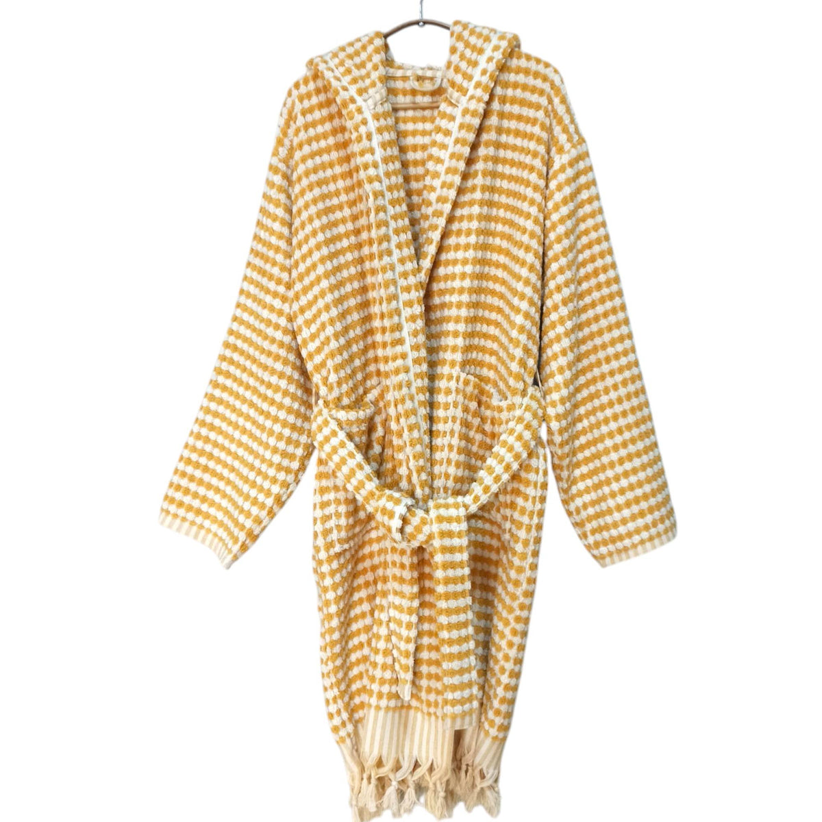Pompom Turkish bathrobe – Mustard, Hooded, folded view | Kikoya