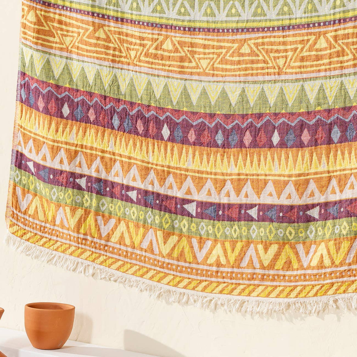 Ethnic Turkish cotton throw blanket – tribal stripe, Yellow & Green, weave detail | Kikoya