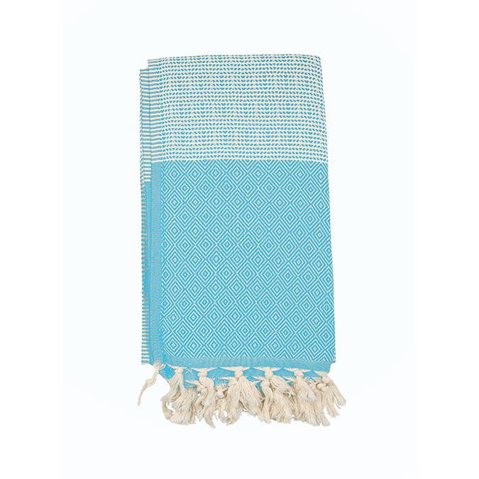 Topkapi Turkish beach towel in blue diamond weave with contrast band, 33x66 in | Kikoya