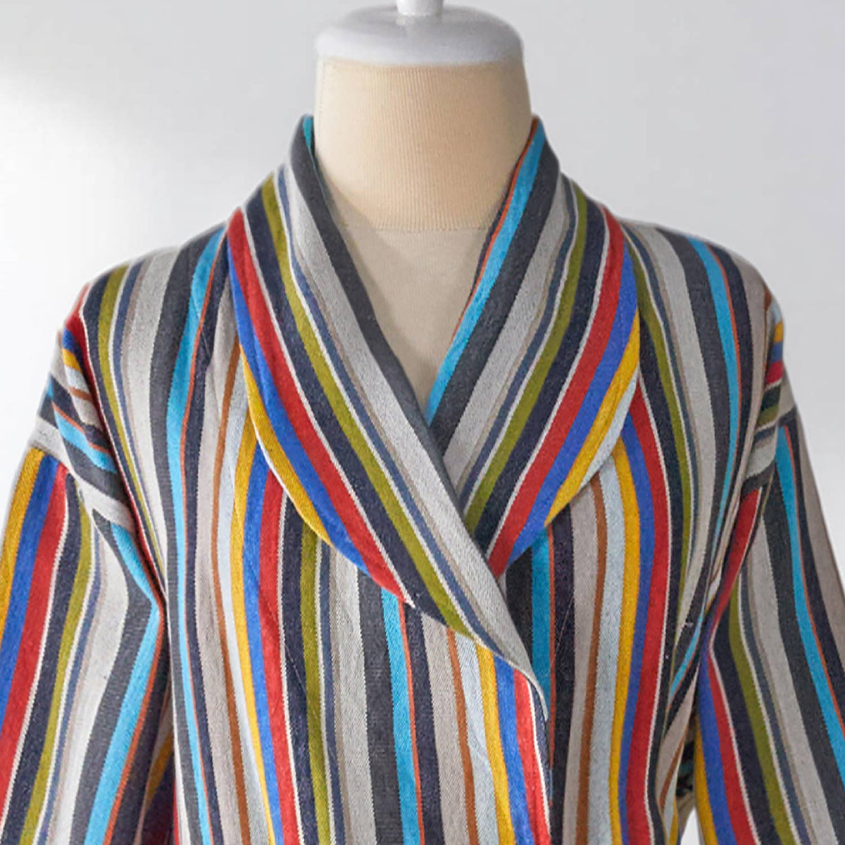 Multi stripe Turkish cotton bathrobe – shawl collar, belted | Kikoya