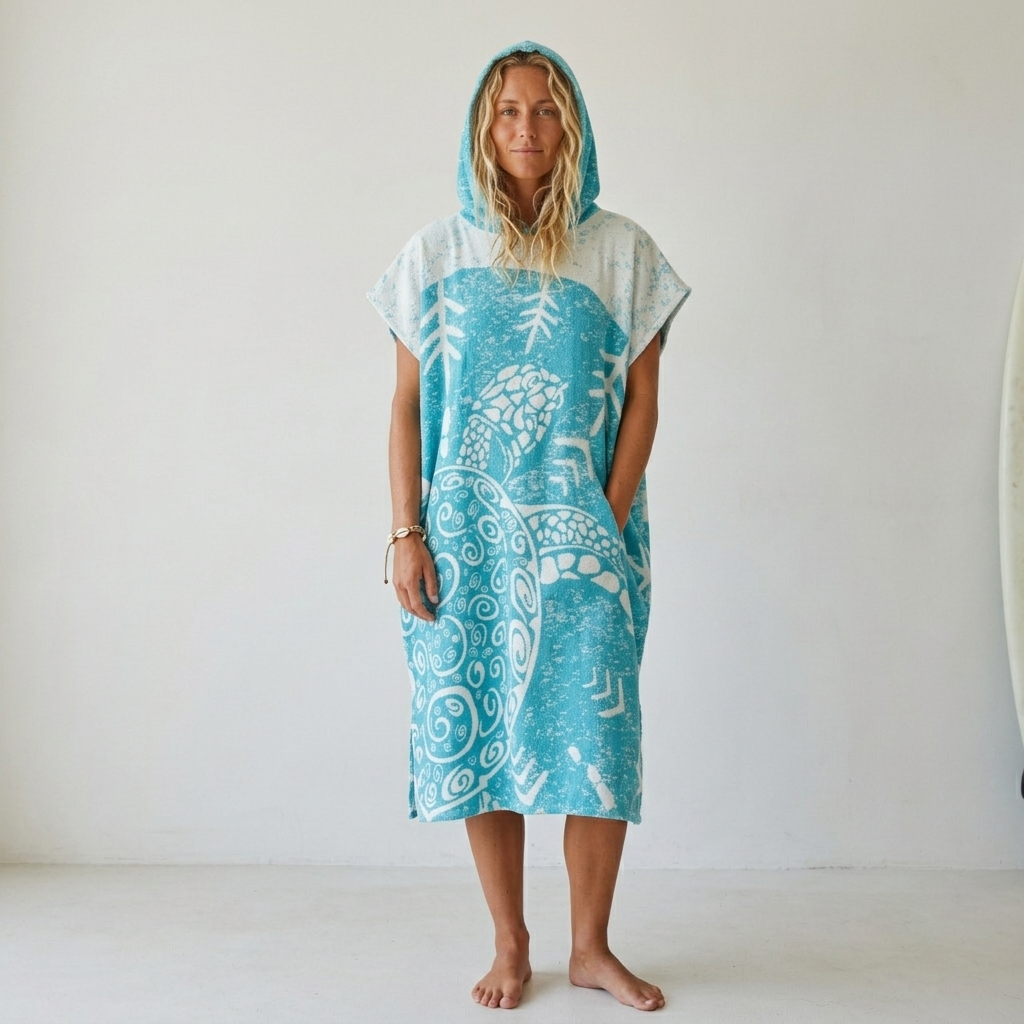 Galapagos Turtle Adult Hooded Changing Poncho – Print, styled view | Kikoya