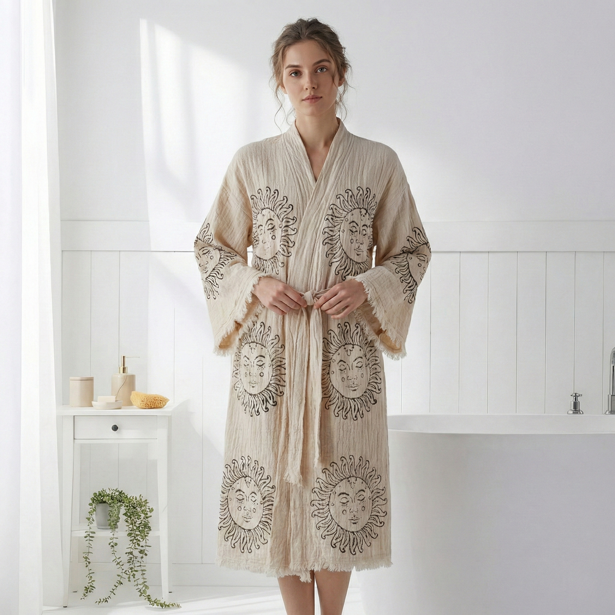 Block-print Turkish cotton kimono robe – Sun Face Black | Kikoya