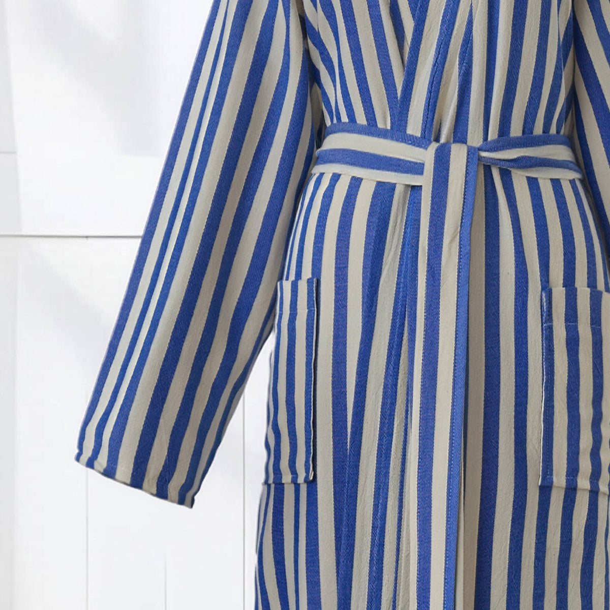 Patch pocket and self belt detail on the zebra stripe Turkish cotton bathrobe | Kikoya