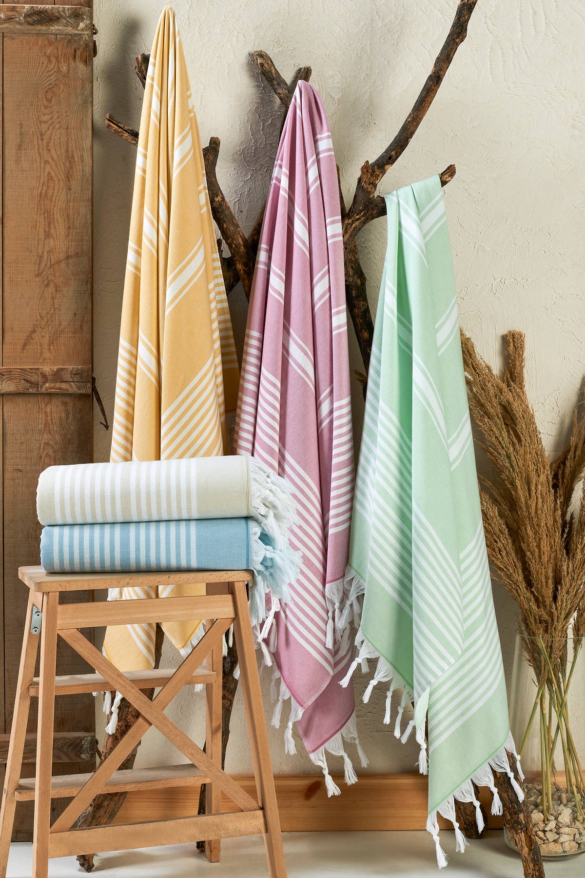 Arma terry-backed Turkish towel in fine green pinstripe | Kikoya