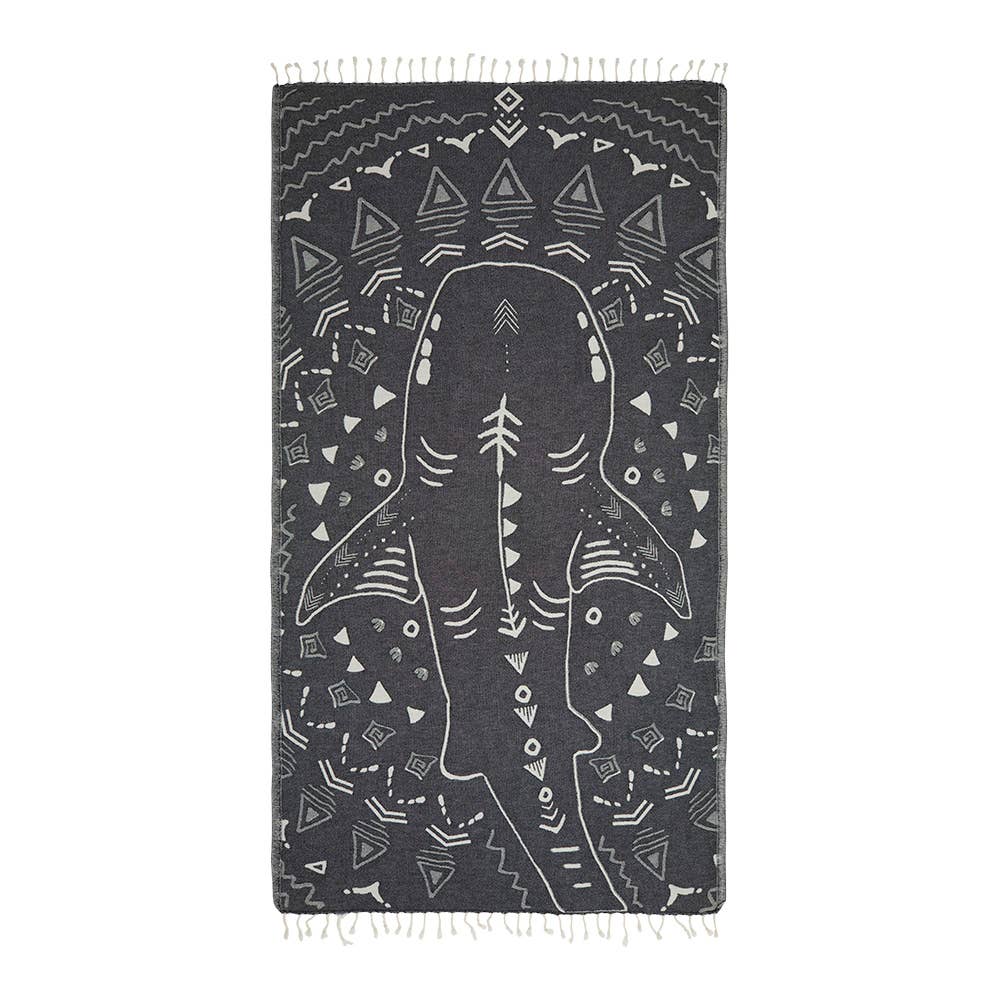 Shark jacquard Turkish beach towel, 35x70 in, flat-woven with knotted fringe | Kikoya