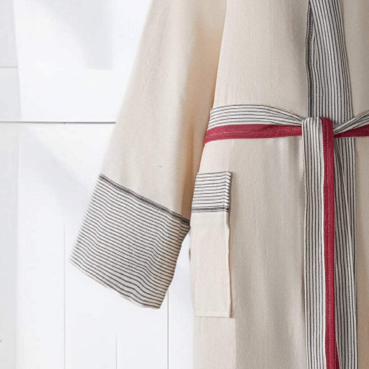 Ribbed Turkish cotton bathrobe in cream & burgundy – kimono | Kikoya